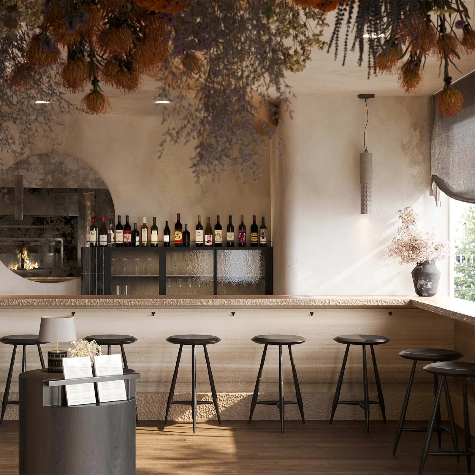 Modern bar interior with wooden counter, black bar stools, dried botanical ceiling installation, and wine bottle display, rendered by Callie Forsythe.