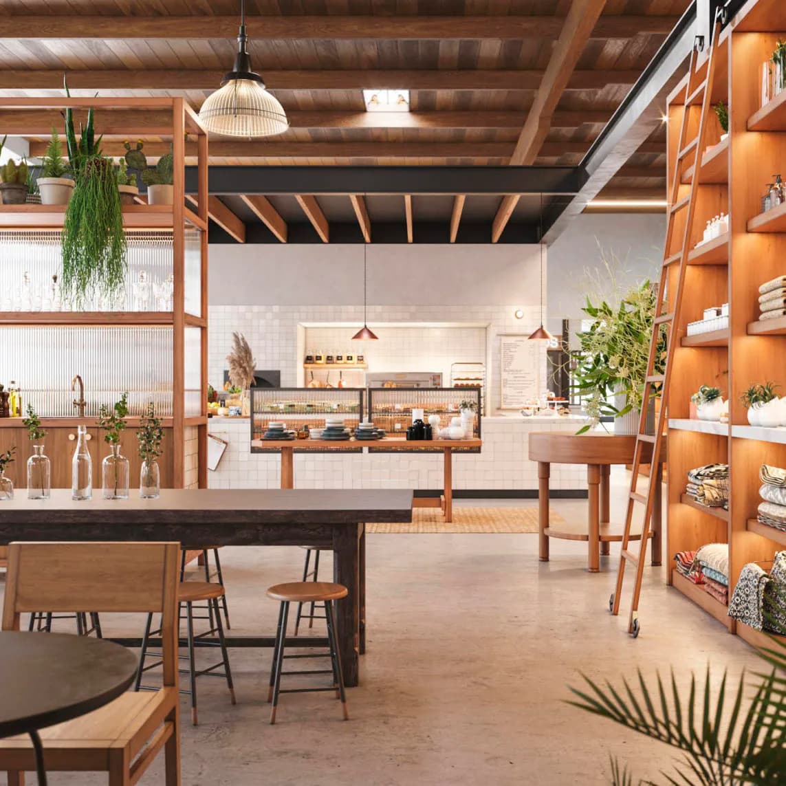 Modern open-plan kitchen and dining space with warm wood cabinetry, exposed ceiling beams, black dining table, and vibrant orange shelving unit filled with décor by Callie Forsythe.