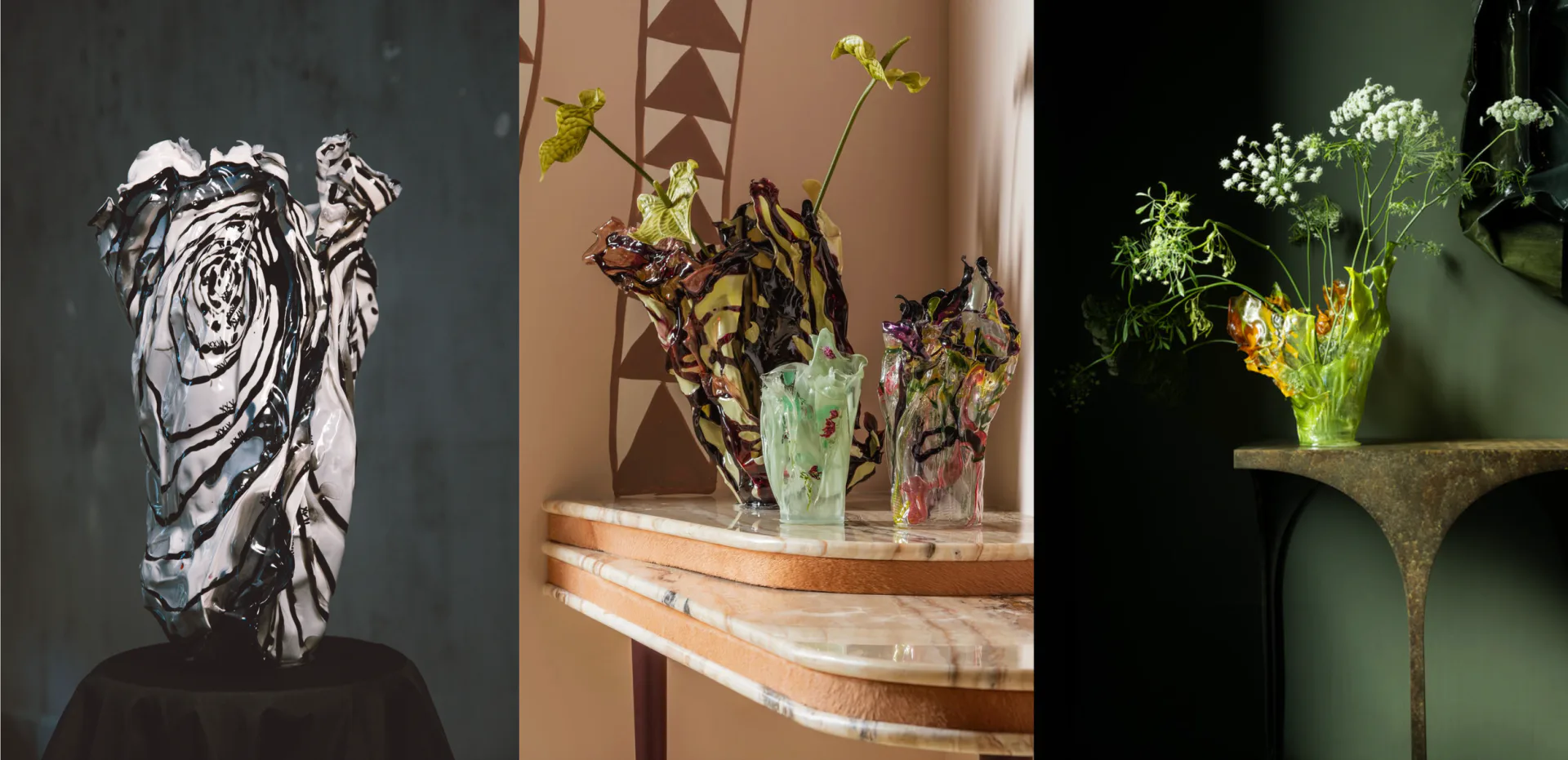 Three interior design vignettes featuring floral arrangements in vessels and botanical styling against neutral walls, by Caroline Zimbalist.