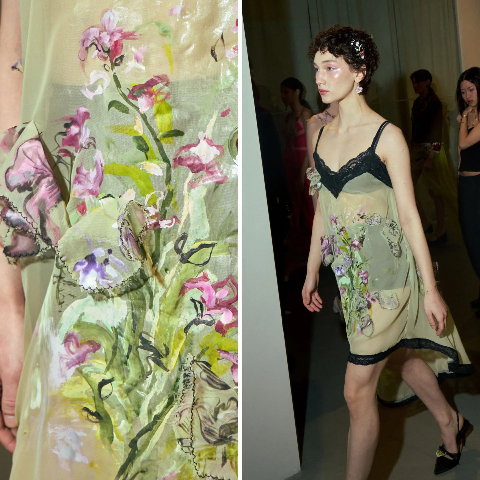 Floral print fashion design featuring pink and purple blooms on cream fabric, modeled on runway by Caroline Zimbalist.