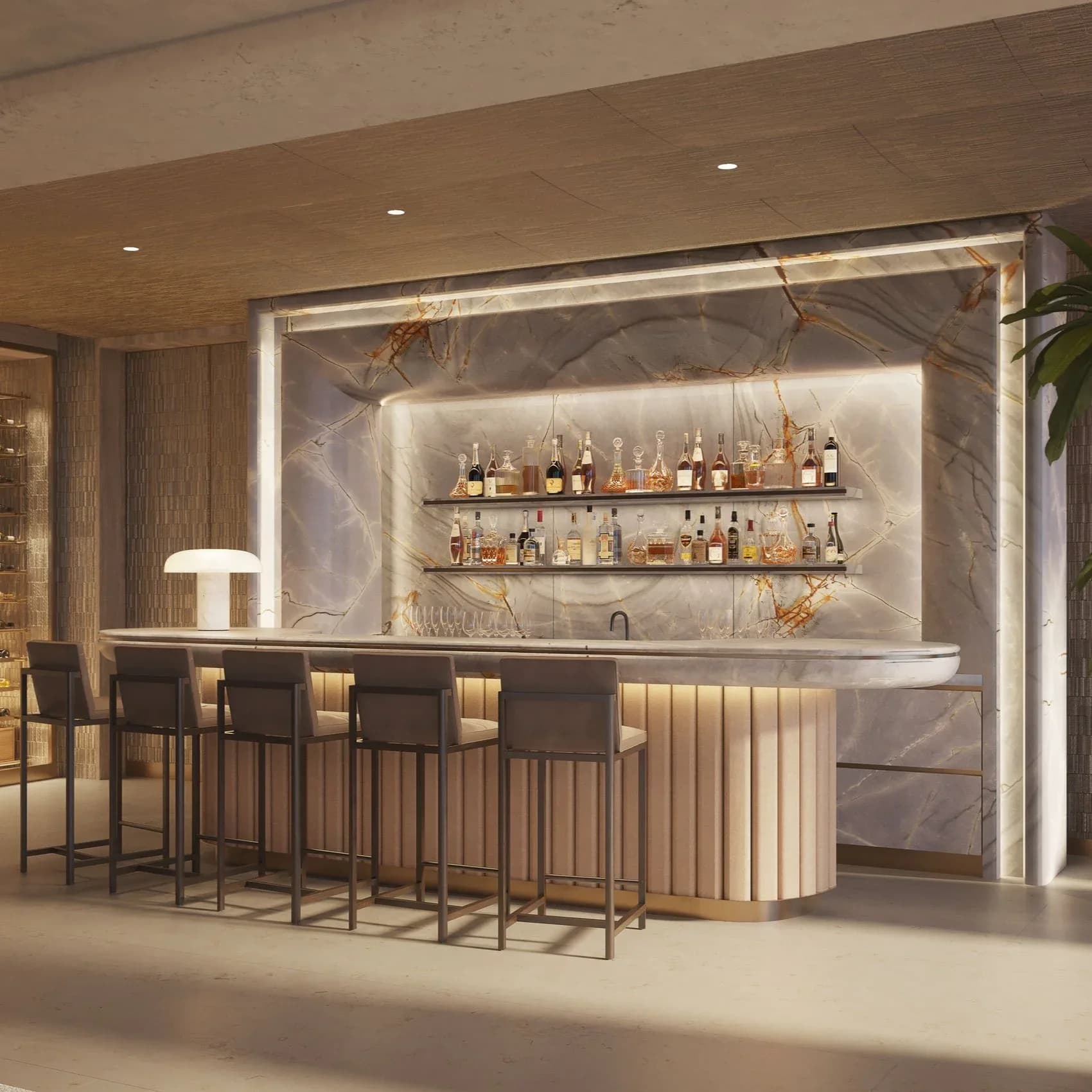 Luxurious bar interior with illuminated marble backwall, floating shelving displaying spirits, wood-paneled curved counter, and upholstered seating by Cate Osborne.