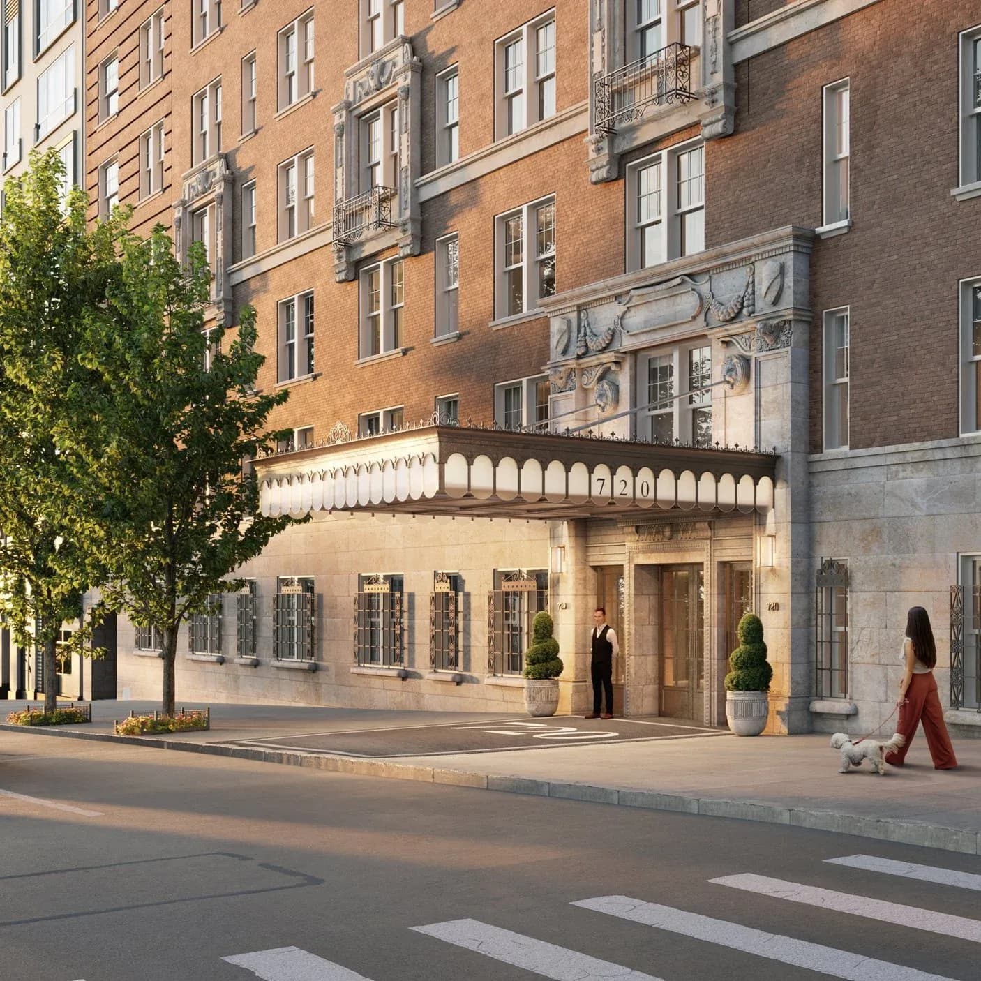 Elegant stone-clad ground floor with classical balustrade and arched windows, rendered in warm tones with idealized figures and perfect lighting by Cate Osborne.