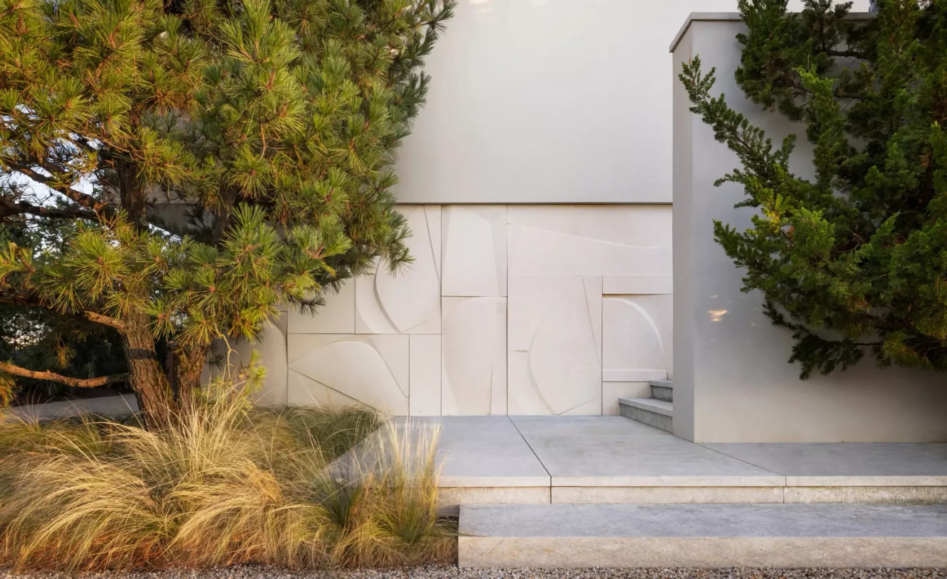 Minimalist courtyard with white geometric walls, concrete paving, ornamental grasses, and mature trees framing the space by Cate Steinacker.