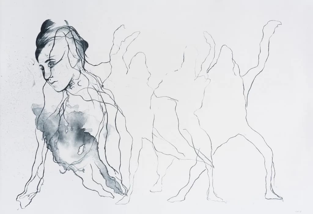Ink and watercolor sketch studies of female figure poses and gestural movements on white paper by Cathrine Raben Davidsen.