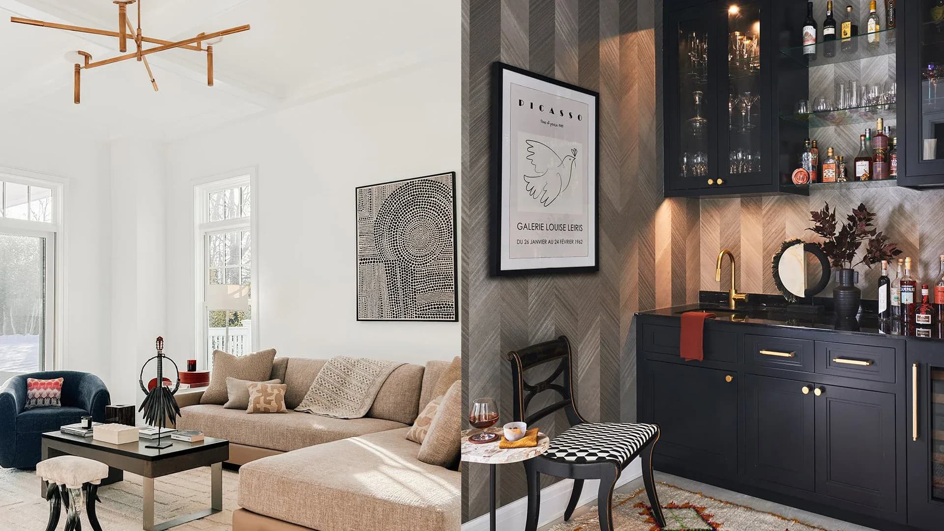 Modern living room with beige sofa, black cabinetry, concrete accent wall, and brass fixtures in a minimalist aesthetic by Cecile Mattei Ekstrom.