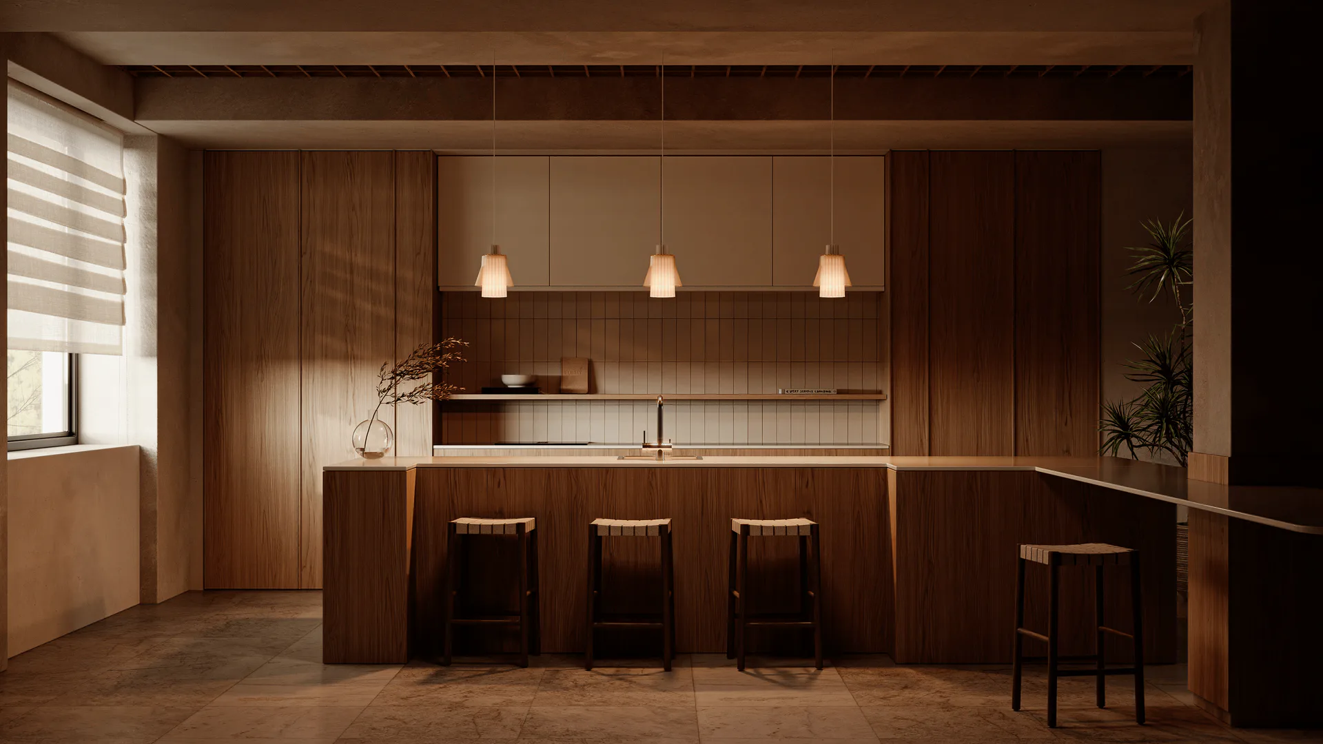 Warm wood-paneled bar interior with pendant lighting, leather stools, and minimalist cabinetry by Charles Brill.