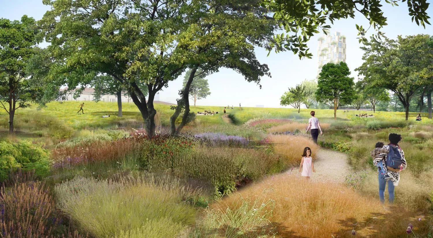 A park landscape with native plantings, meandering paths, and scattered mature trees with people walking through the naturalistic garden design by Charles Renfro.