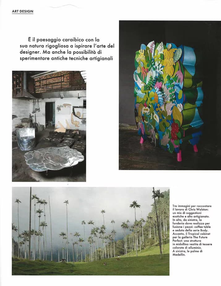 Art design portfolio page featuring three works: an industrial warehouse interior, a colorful sculptural installation with floral motifs and neon elements, and a tropical landscape with palm trees, by Chris Wolston.