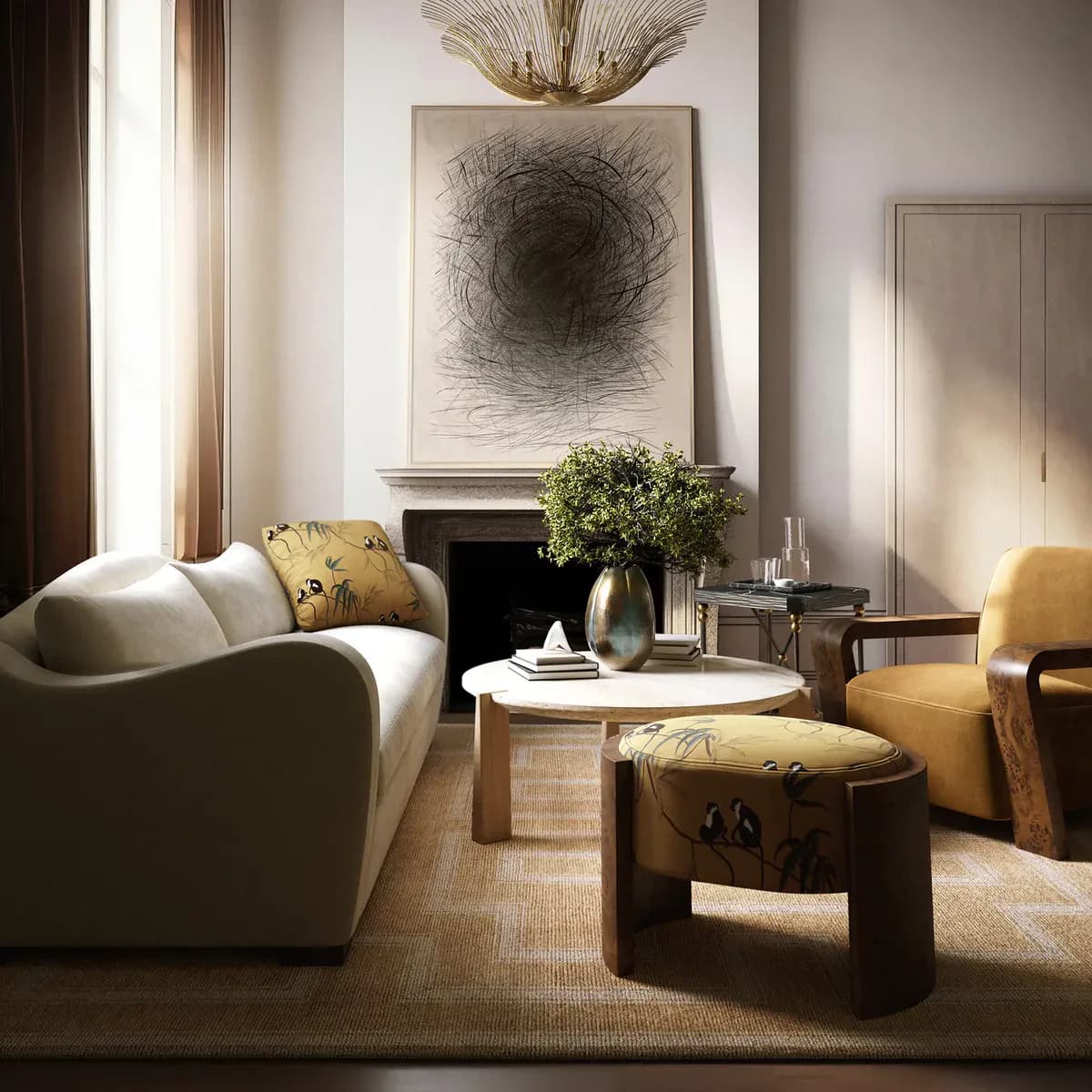 A luxurious living room rendering features a curved cream sofa, mustard accent chairs, and sculptural wooden ottomans on a neutral area rug, with abstract wall art and brass lighting fixtures by Christiane Lemieux.