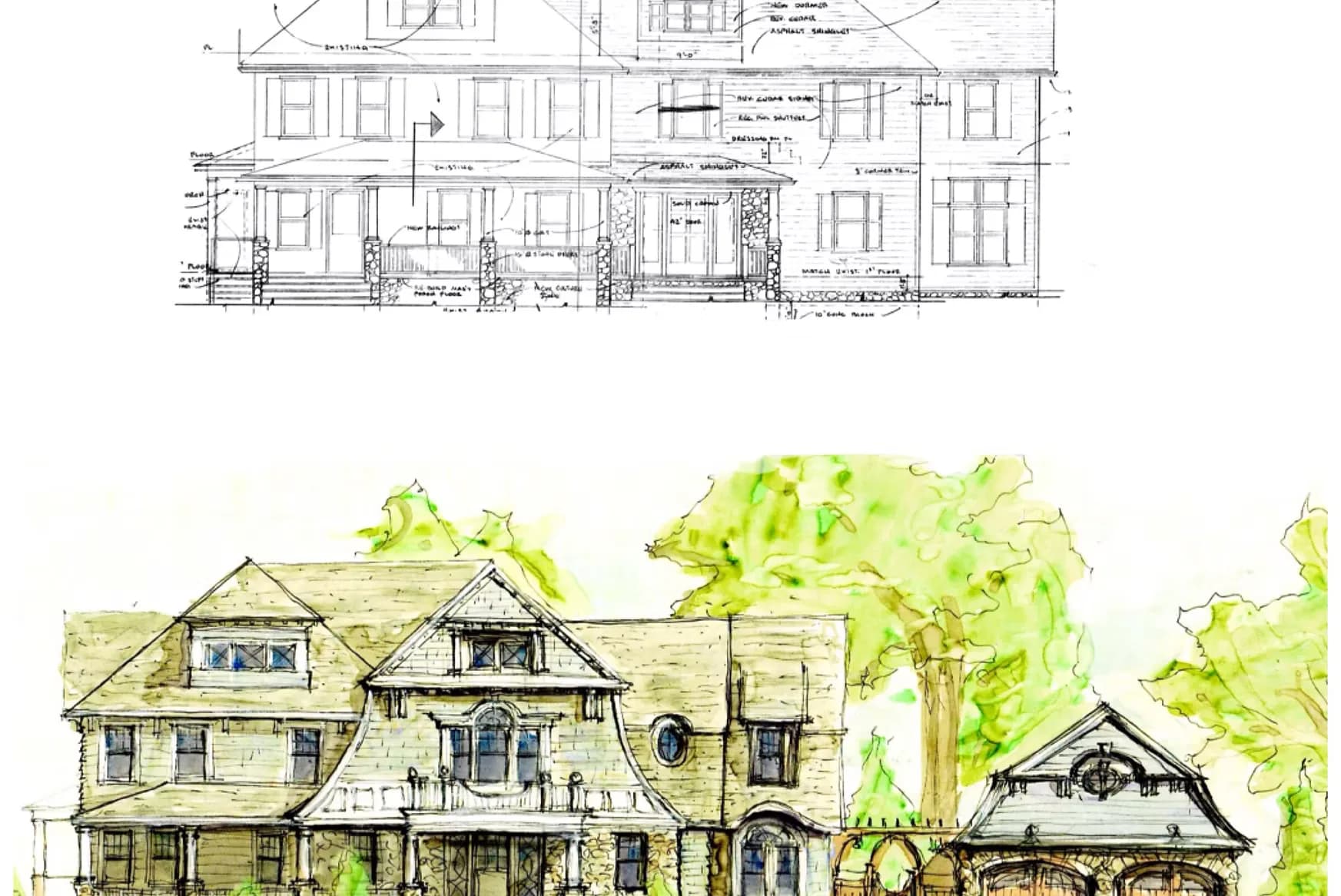 Architectural elevation drawing and watercolor sketch of a Victorian-style residential home with varied rooflines, stone and siding details, and mature trees by Christina Marraccini.