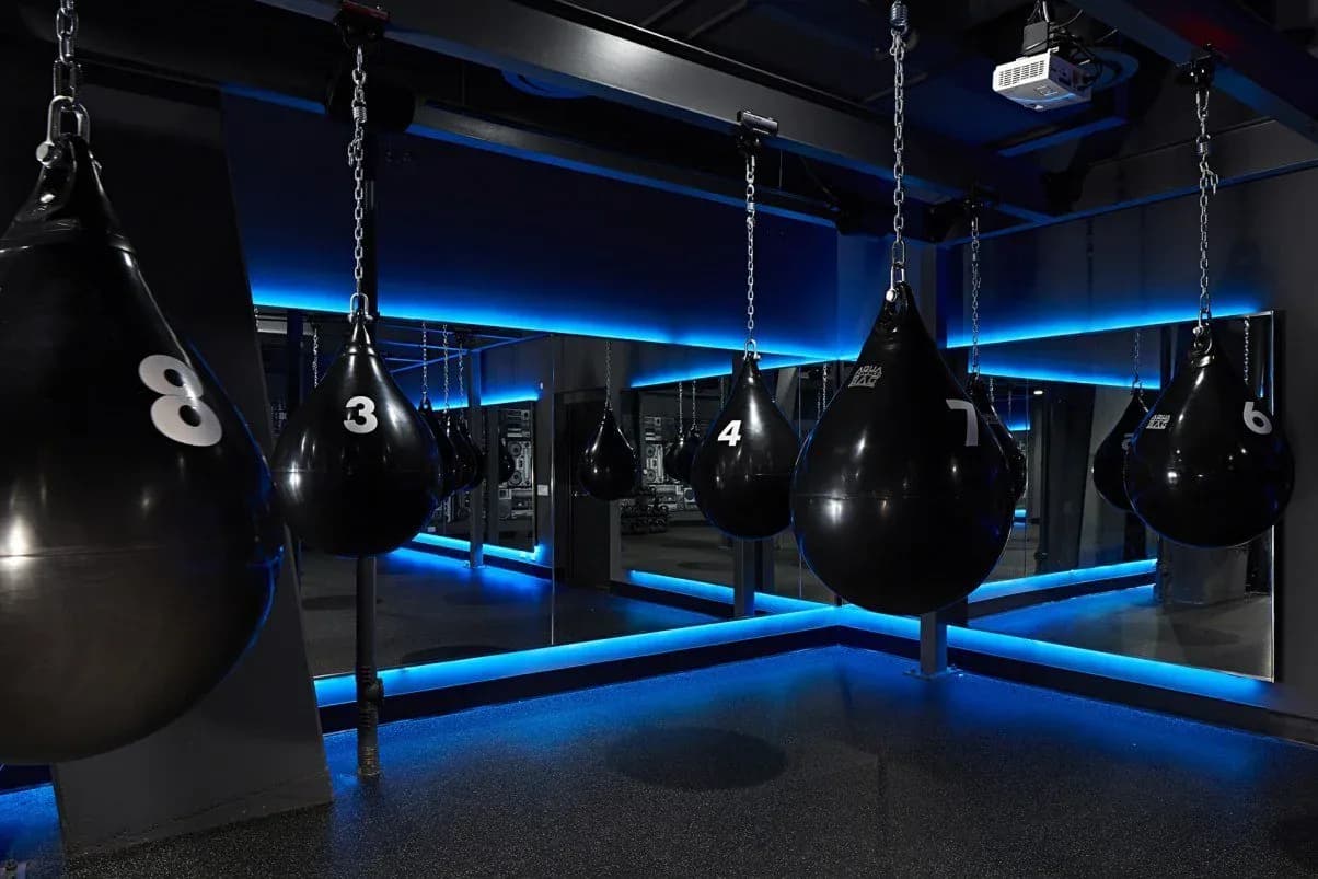 Modern boxing gym with suspended heavy bags numbered 1-4, illuminated by blue LED accent lighting along beams and floor, dark interior by Christine Anneken.