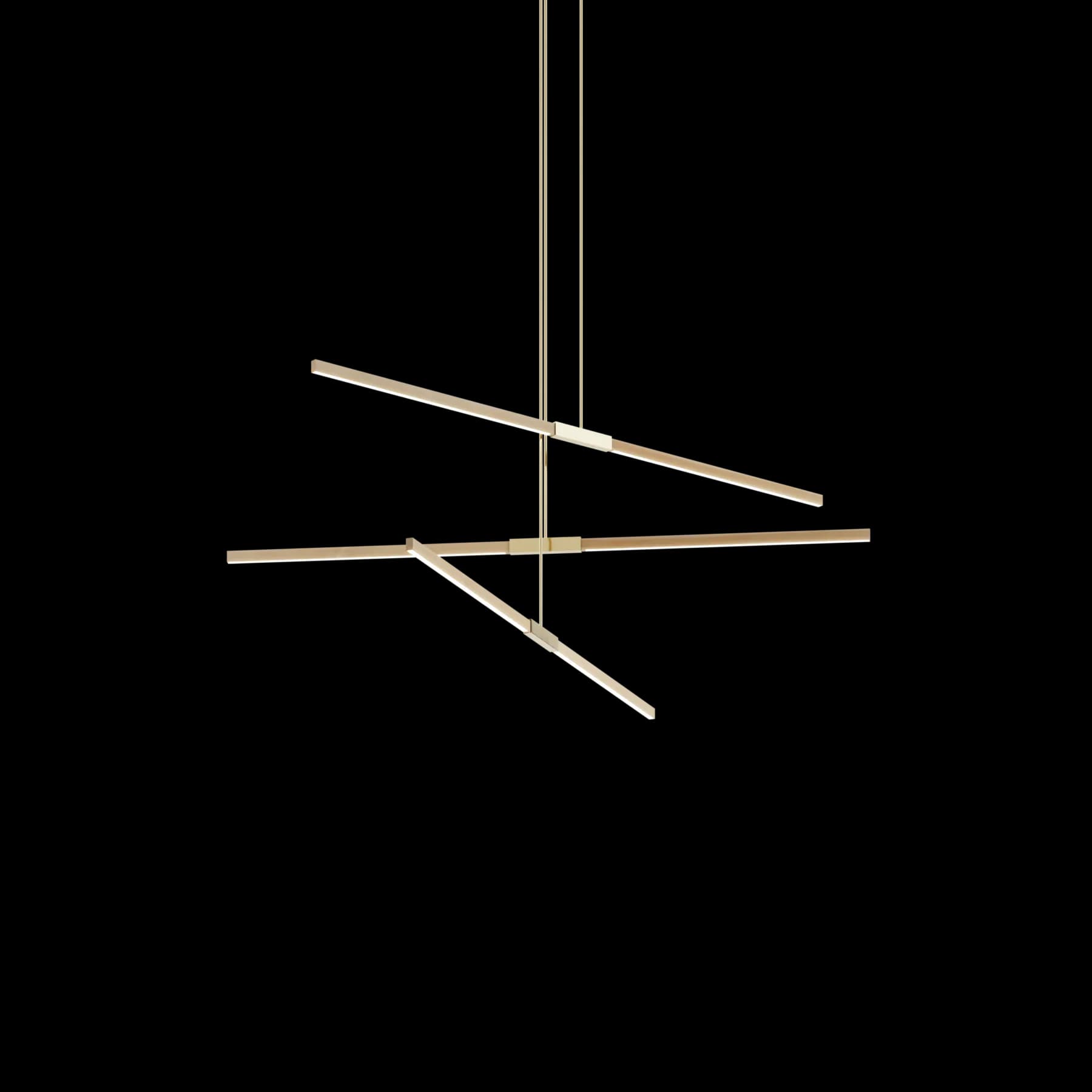 Minimalist linear pendant light fixture with brass and cream metal rods intersecting at various angles against a white background, designed by Christopher Beardsley.
