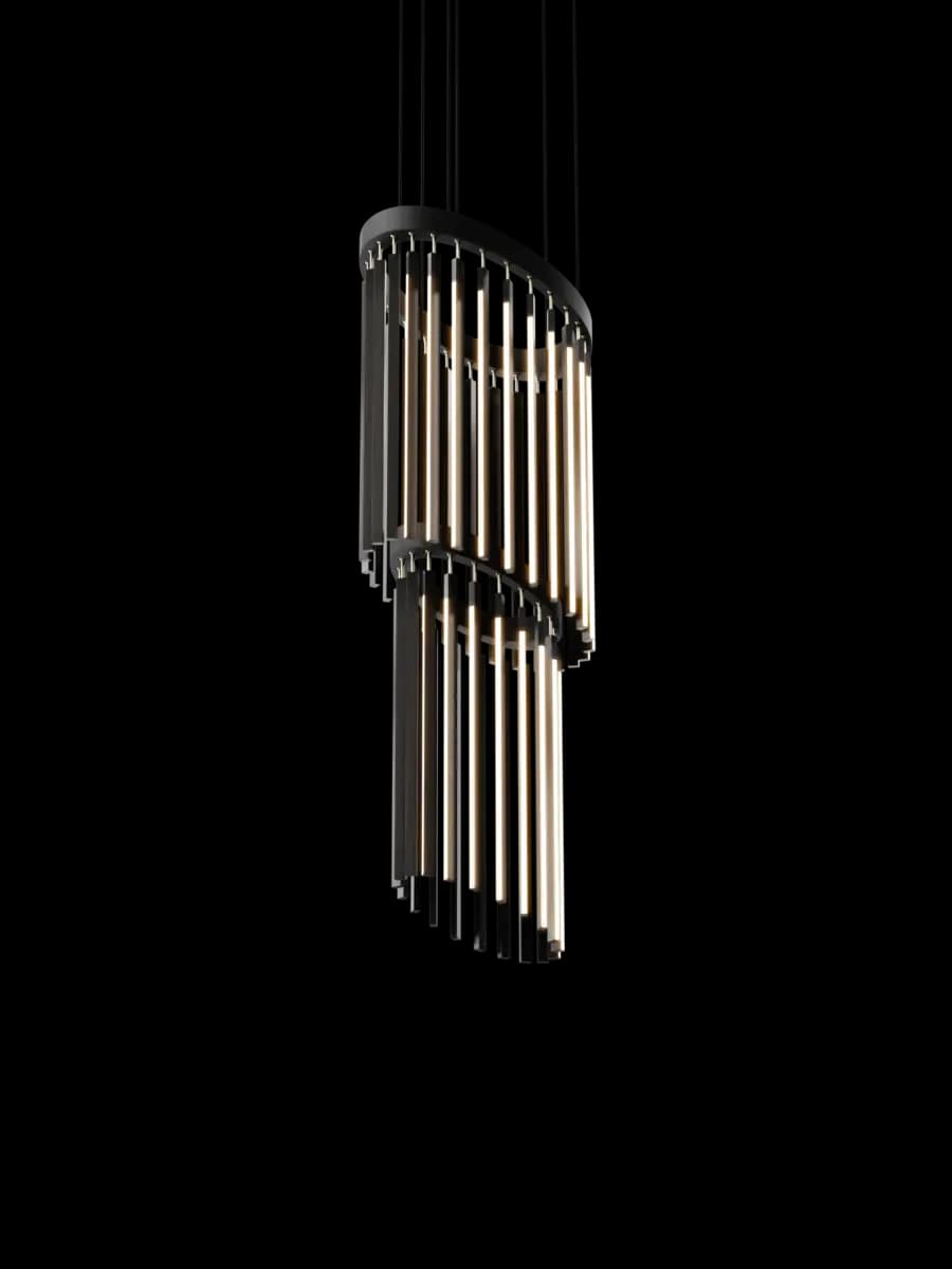 A spiraling pendant light fixture with black curved frame and vertical metal rods in graduated lengths, creating a dynamic twisted form by Christopher Beardsley.