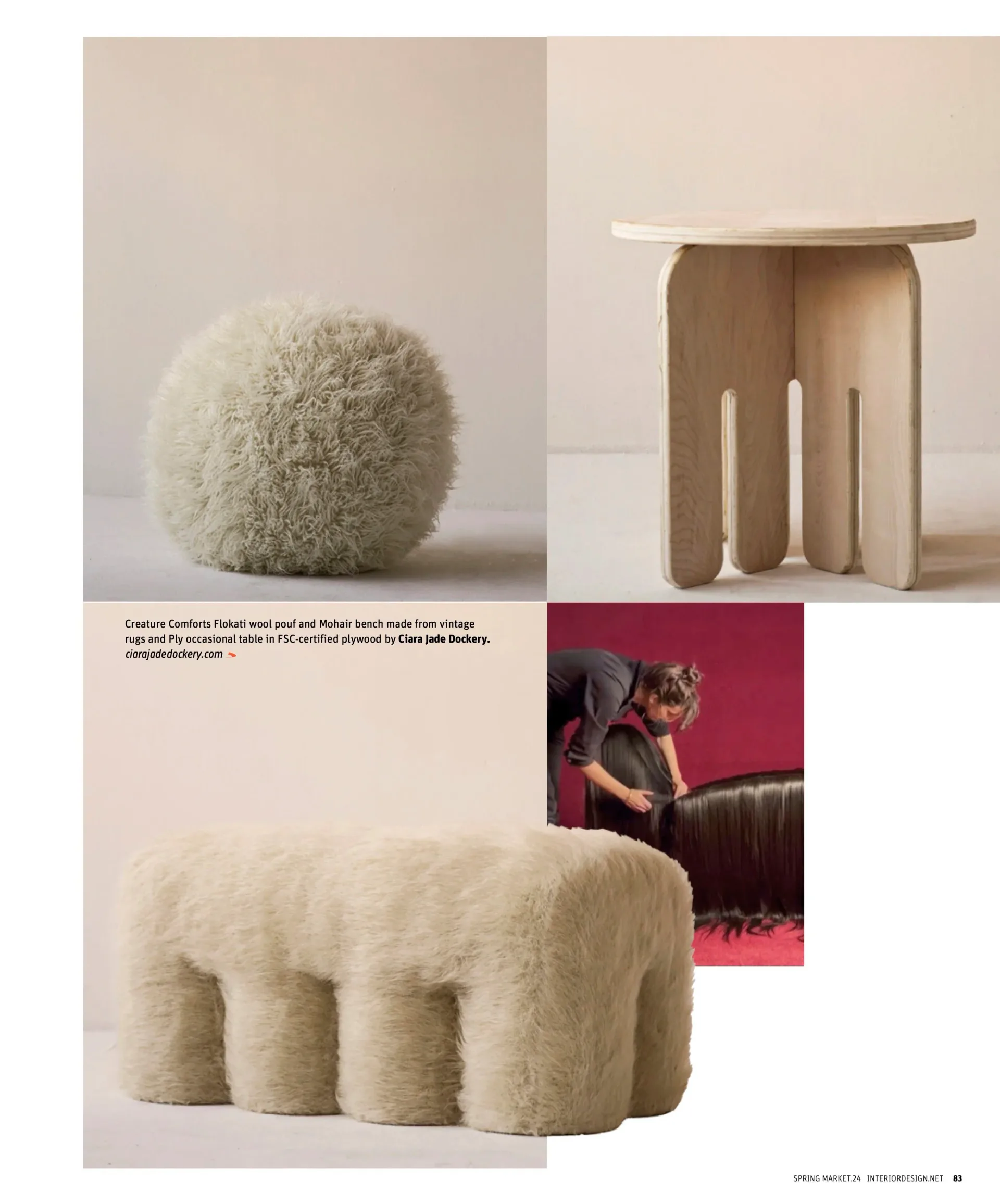 Sculptural furniture pieces in natural fiber materials including a spherical pouf, cylindrical side table, and curved bench with organic geometric forms by Ciara Dockery.