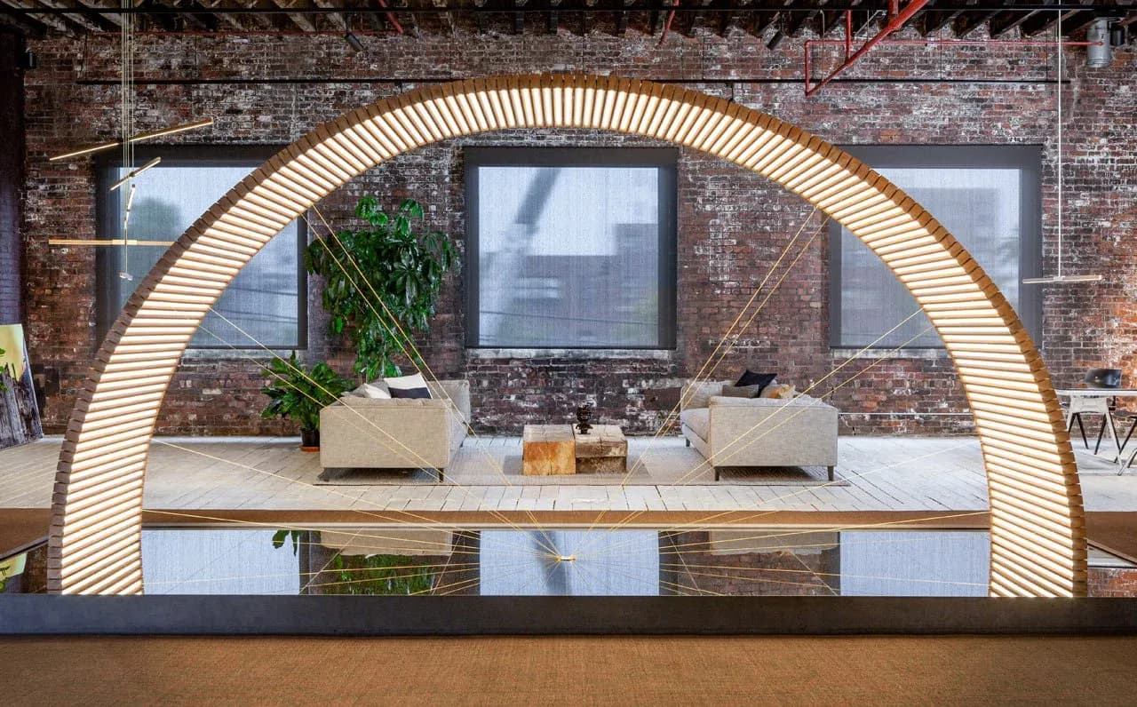 Modern retail or hospitality interior with curved wood arch framing a white counter, potted plants, and brick walls by Claire McGovern.