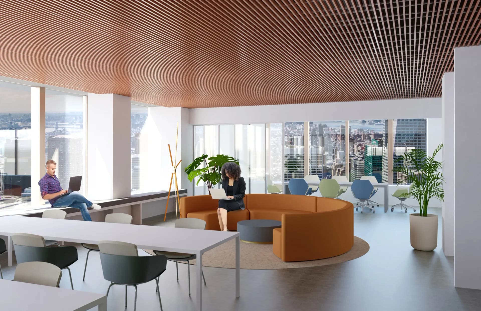 Modern open-plan office with copper ceiling panels, orange curved seating, floor-to-ceiling windows overlooking cityscape, designed by Claire McGovern.