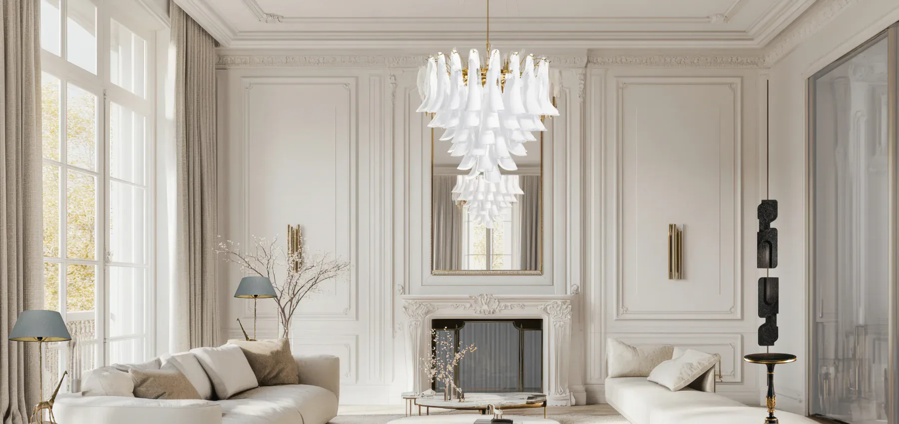 Luxurious neoclassical living room with cream walls, ornamental moldings, crystal chandelier, fireplace, and contemporary furniture by Claudia Godoy.