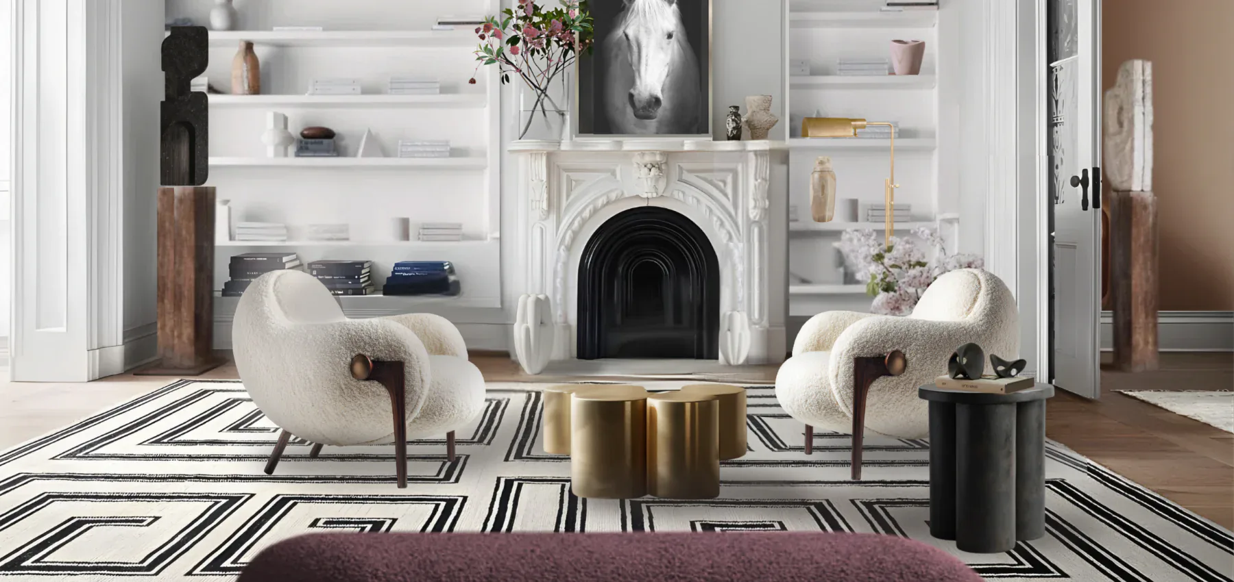 Modern living room with cream curved armchairs, brass cylindrical table, geometric striped area rug, fireplace, and built-in shelving by Claudia Godoy.