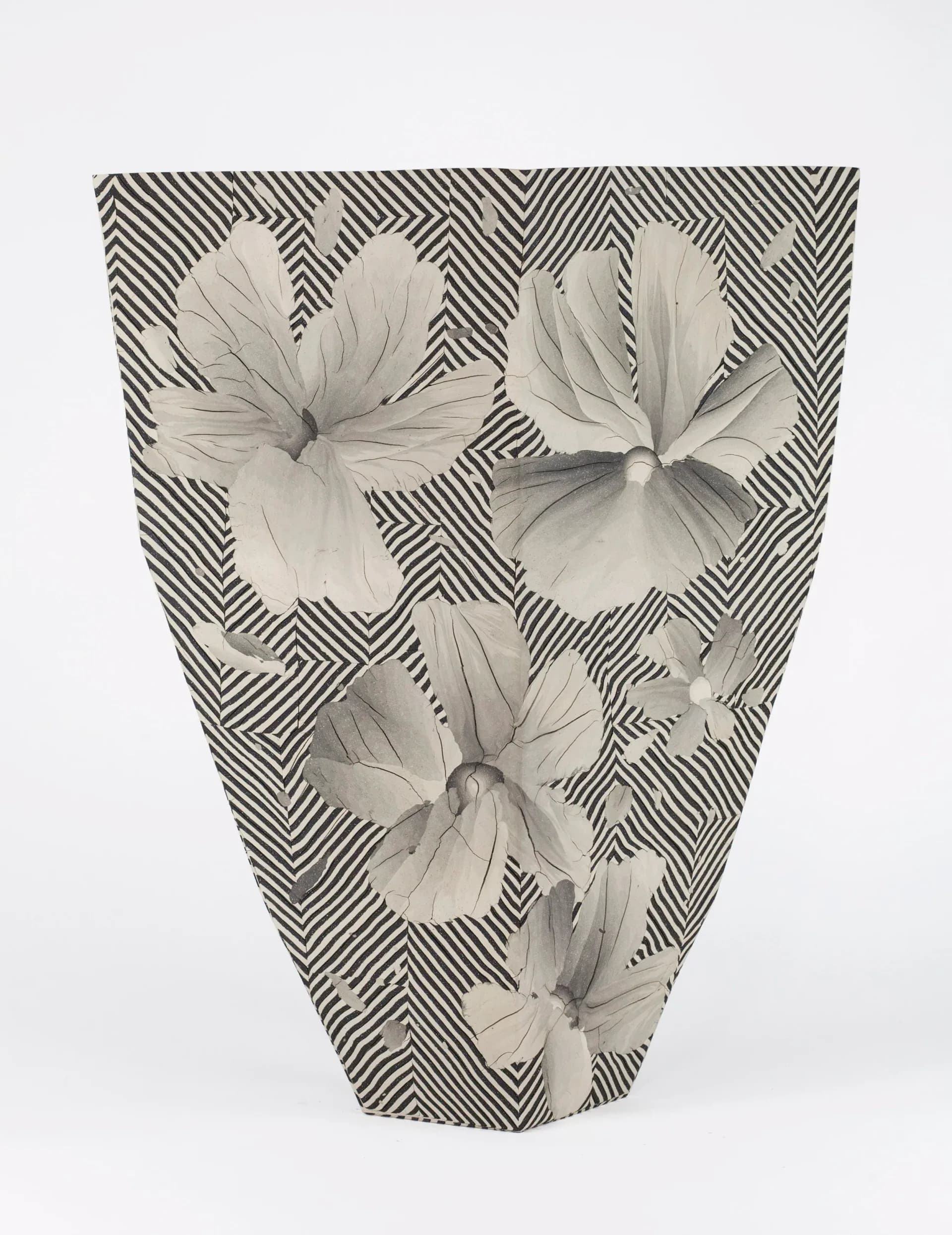 Tapered vase with diagonal stripe pattern background and four delicate iris flowers rendered in graphite, by Cody Hoyt.