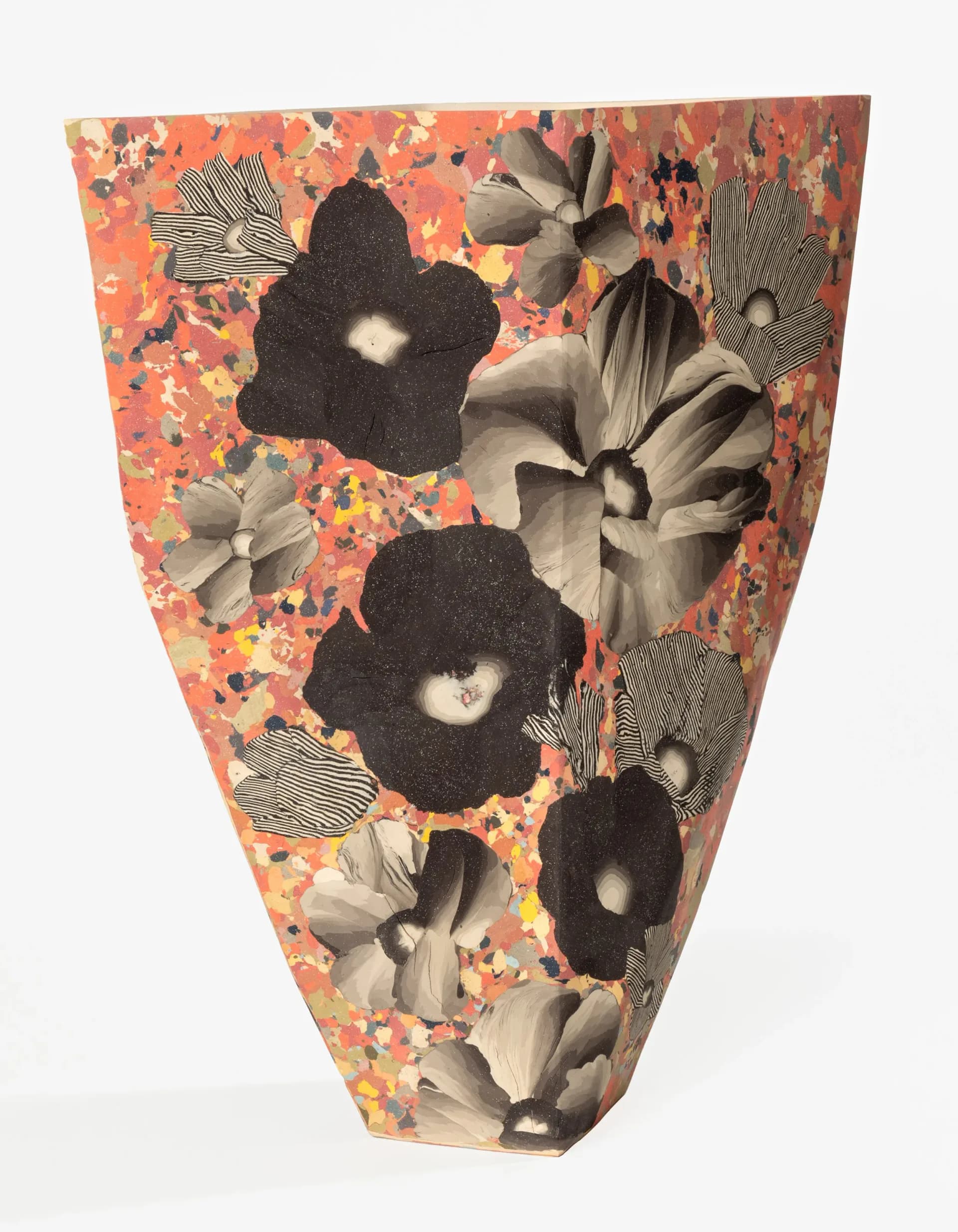 Trapezoid-shaped decorative vessel with coral floral patterned background and collaged black and grayscale botanical photographic elements by Cody Hoyt.