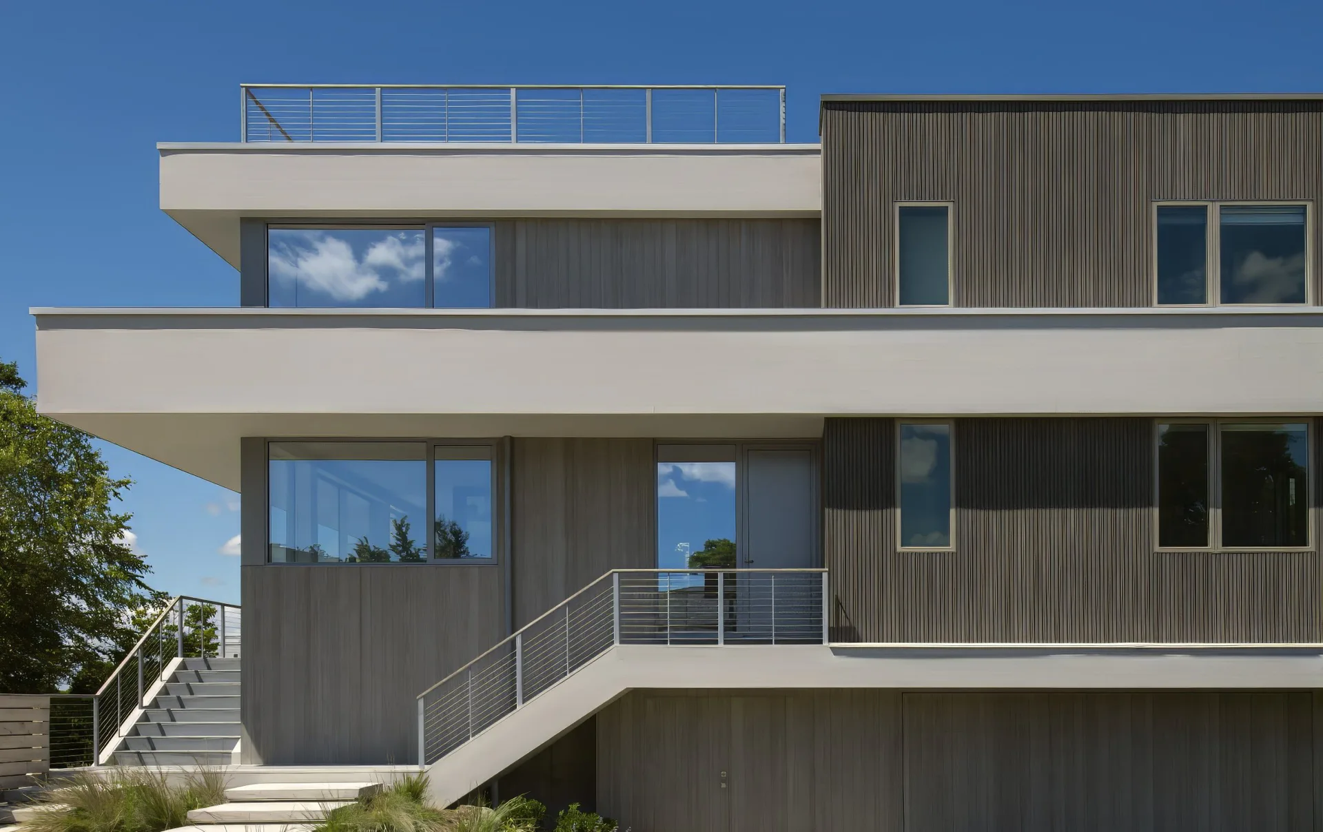 Modern multi-level residential building with concrete and dark metal siding, featuring horizontal balconies, large windows, and minimalist architecture by Cynthia Vengrow.