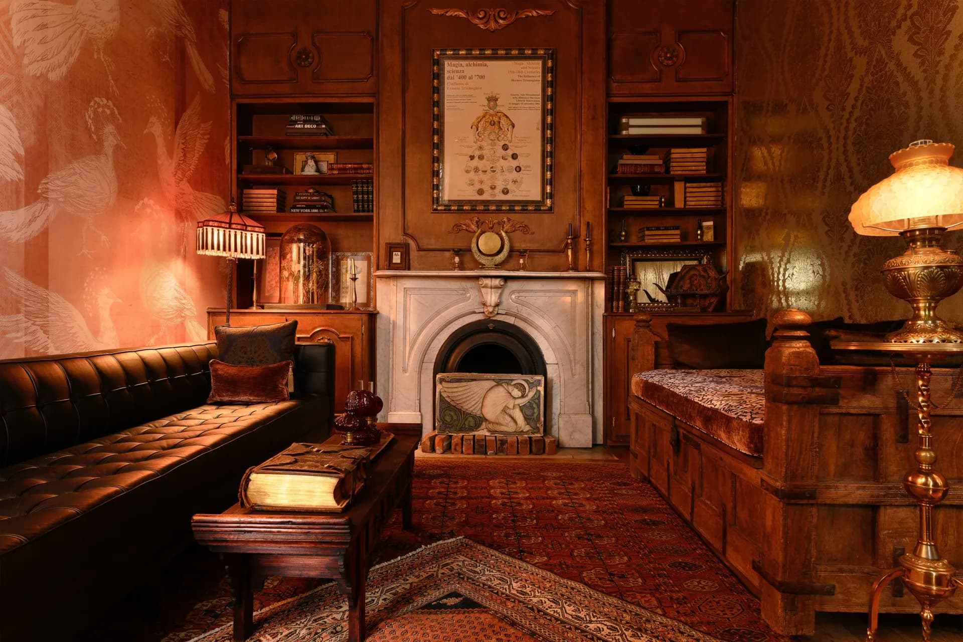 Warm-toned study with mahogany paneling, fireplace, leather seating, built-in shelving, and period furnishings rendered in rich amber and burgundy tones by Dakota Nesselbush.