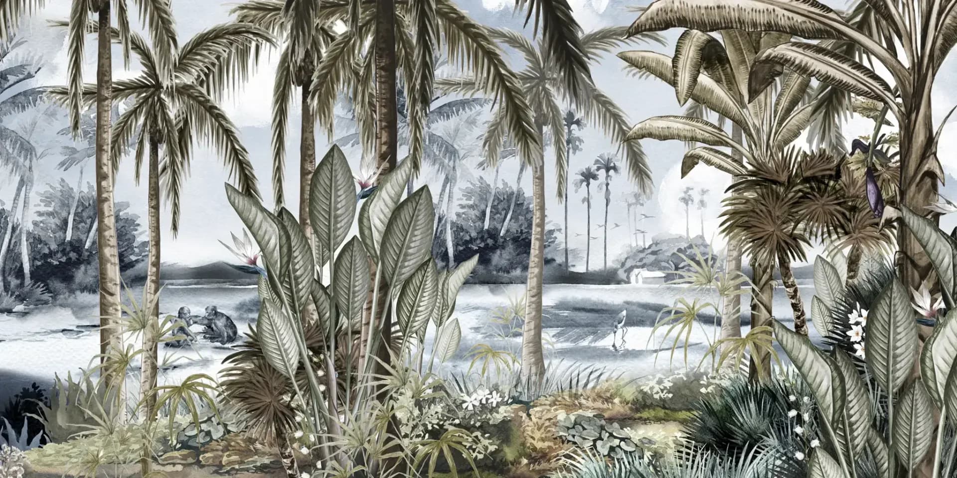 Lush tropical landscape with layered palm trees, cacti, and water features rendered in soft watercolor and ink illustration style by Dalia Forman.