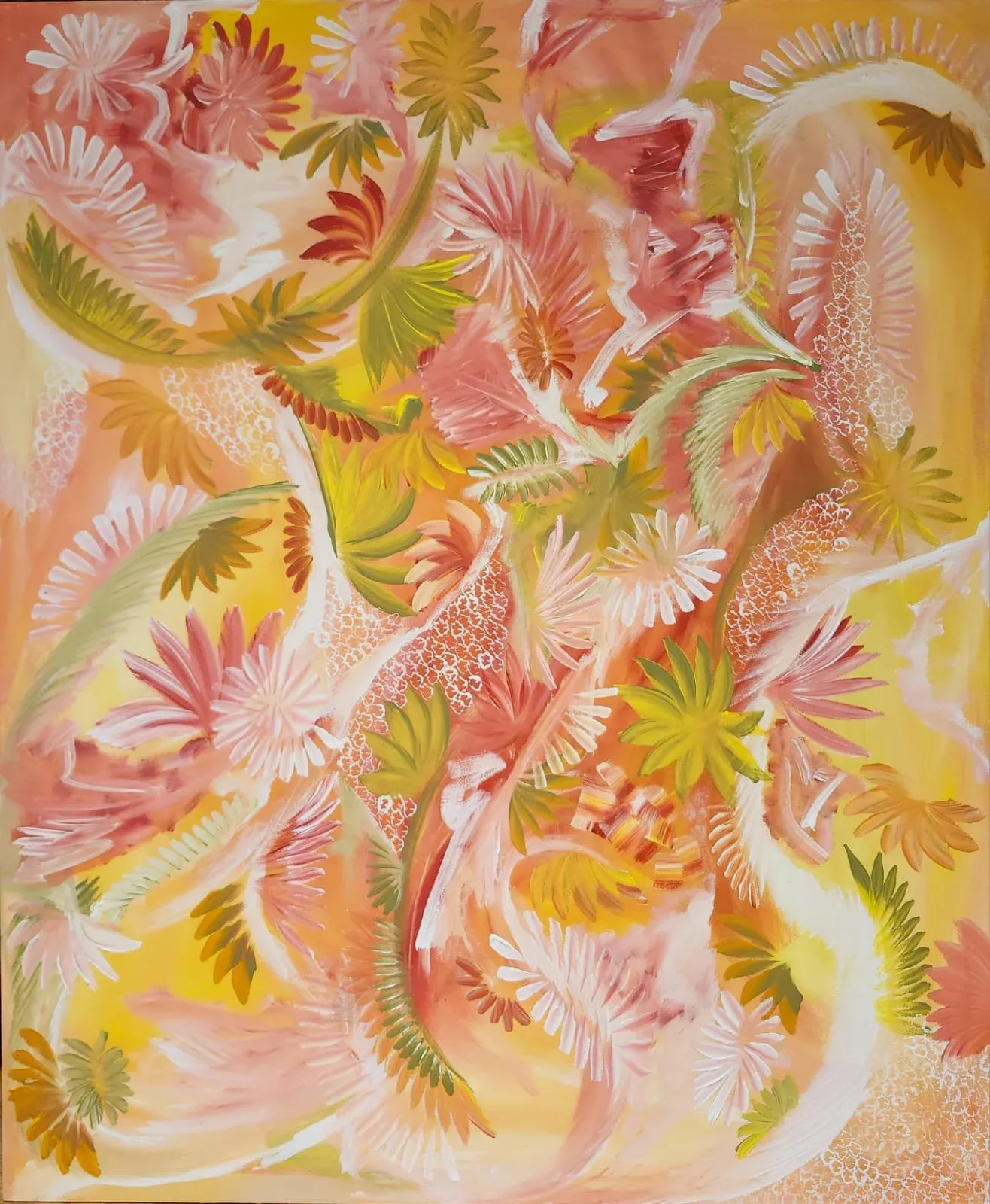 Vibrant abstract floral painting featuring layered pink, yellow, and coral blooms with green foliage on a warm gradient background by Dalia Forman.