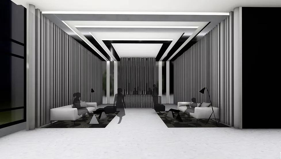 Symmetrical modern lounge with mirrored seating areas, vertical ribbed wall paneling, geometric ceiling details, and dramatic linear lighting by Dalton Scott.