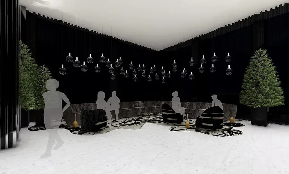 Modern event space with black walls, pendant lighting, and ghosted figures around seating arrangements, designed by Dalton Scott.