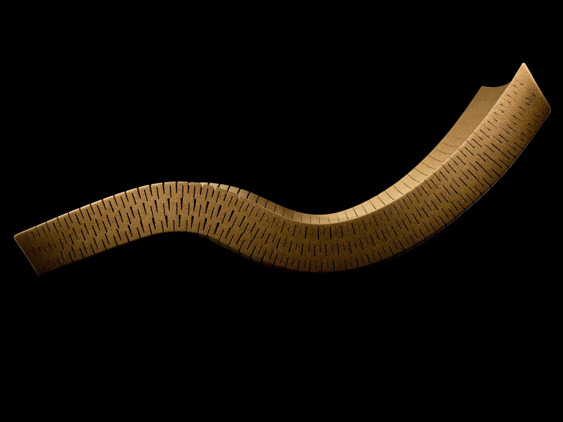Curved wooden architectural element with linear surface detailing, shown against black background by Daniel Michalik.