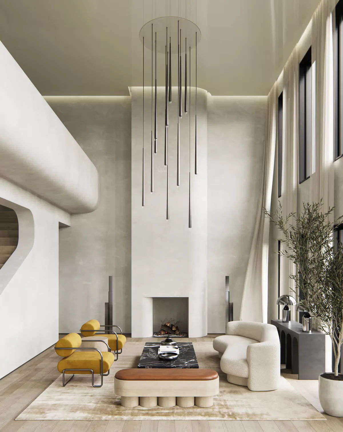 Minimalist living room with soaring white walls, linear pendant lights, yellow chairs, curved cream furniture, and fireplace designed by Danny Little.
