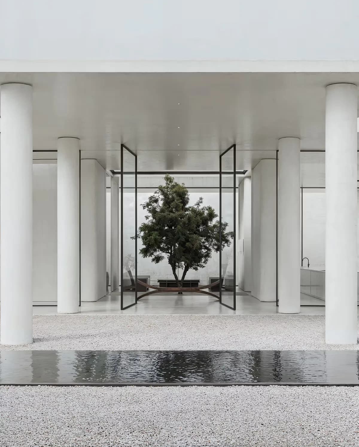Minimalist interior courtyard with white columns, polished concrete floor, and a single tree framed by black metal structure by Danny Little.
