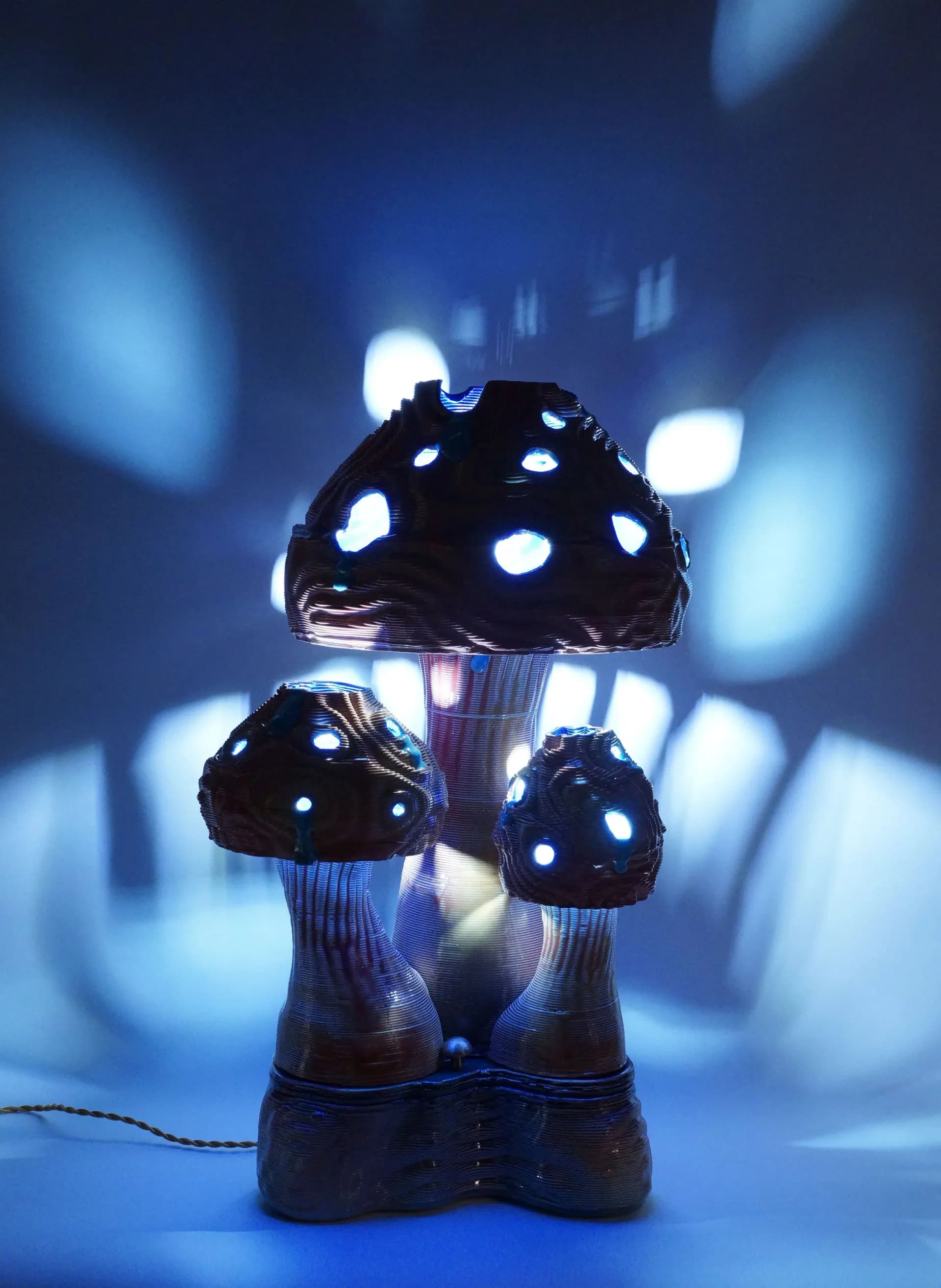 Illuminated sculptural installation featuring dark mushroom-shaped forms with glowing white LED accents against a blue-toned bokeh background by Dara Schaefer.