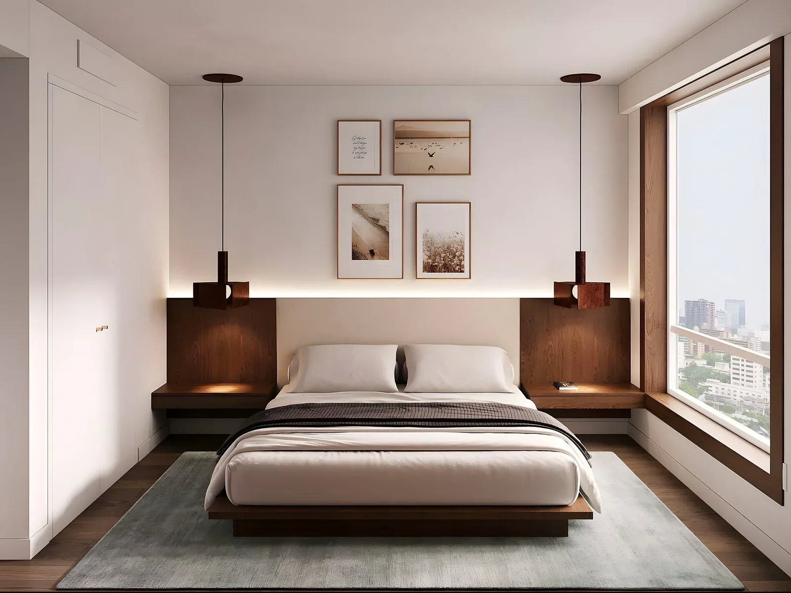 Modern bedroom with floating wood platform bed, brown pendant nightstands with integrated lighting, neutral palette, and floor-to-ceiling window overlooking cityscape by Daria Demin.