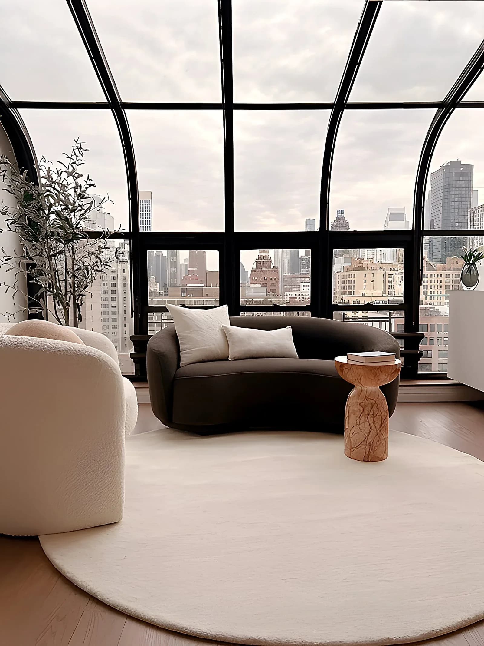 High-rise penthouse living room with curved black-framed floor-to-ceiling windows overlooking Manhattan skyline, featuring a black curved sofa, cream armchair, wooden side table, and circular area rug by Daria Demin.