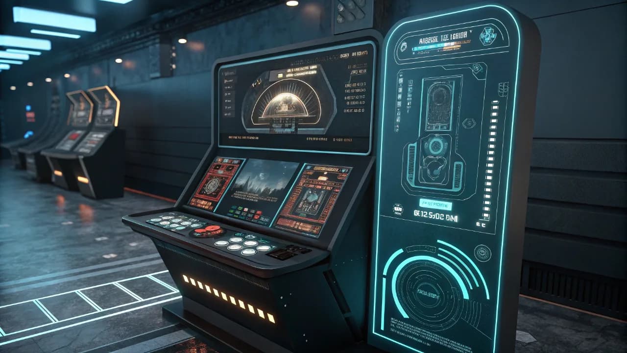 Futuristic sci-fi gaming arcade interior with glowing cyan and amber neon-lit gaming consoles, dark floor with grid patterns, and atmospheric lighting design by Daria Karelina.