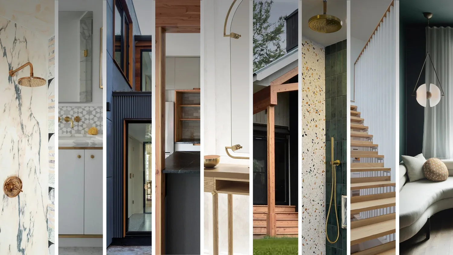 Collection of residential interiors featuring marble walls, wood accents, minimalist spaces, and staircase details in neutral earth tones by David E Fredlund.
