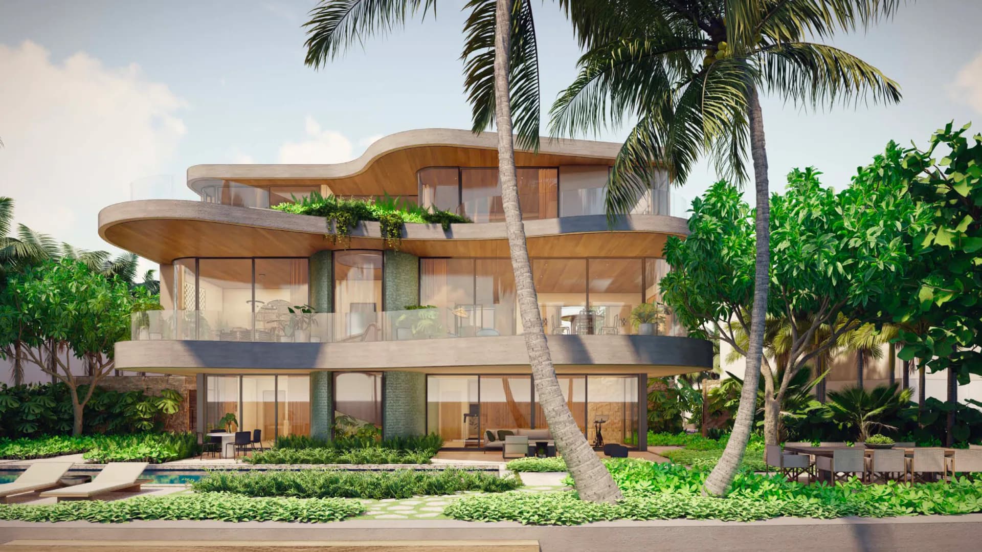 Modern curved residential villa with warm wood tones, glass facades, and integrated landscaping featuring palm trees by David Lucido.