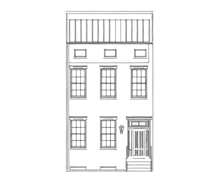 Architectural elevation drawing of a narrow three-story townhouse facade with mansard roof, regular window patterns, and entrance stoop by Debbie Spiro.