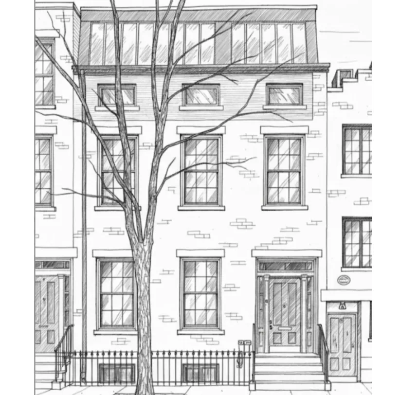 Detailed architectural elevation sketch of a four-story townhouse facade with large windows, ornamental details, and a bare tree in front by Debbie Spiro.