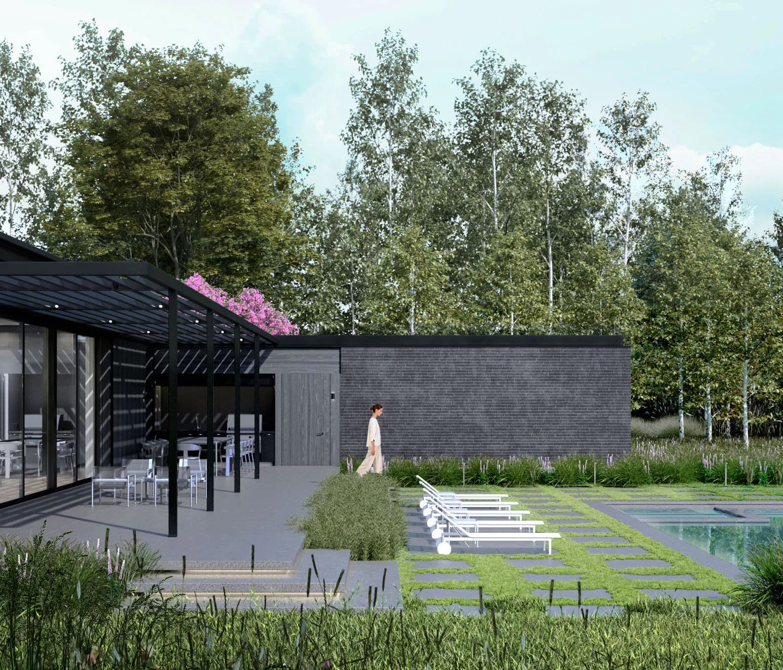 Modern residential exterior with dark brick facade, black pergola, and linear pool surrounded by native plantings and birch trees by Deborah Berke.