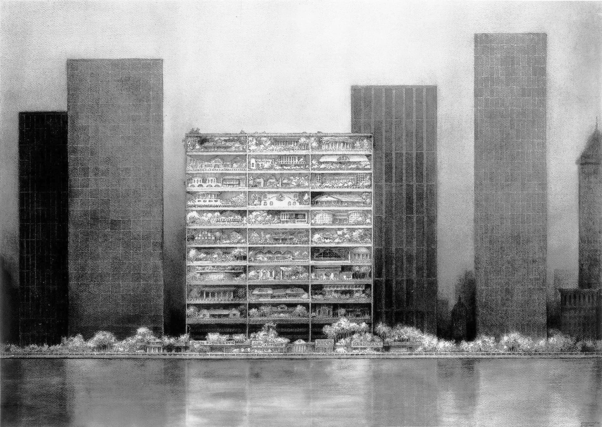 Architectural rendering of a modernist residential tower with exposed floor slabs and interior layouts visible through a grid facade, flanked by tall rectangular buildings along a waterfront by Denise Mc Lee.