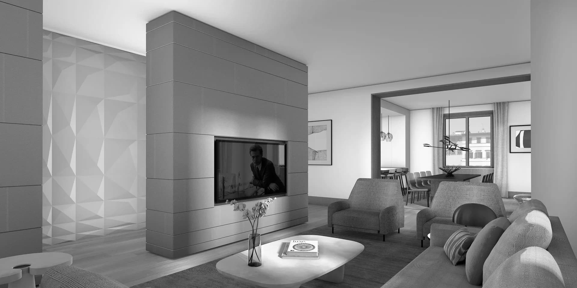 Modern living room with gray upholstered seating, floating TV wall, curved coffee table, and floor-to-ceiling windows by Ditte Hesse.