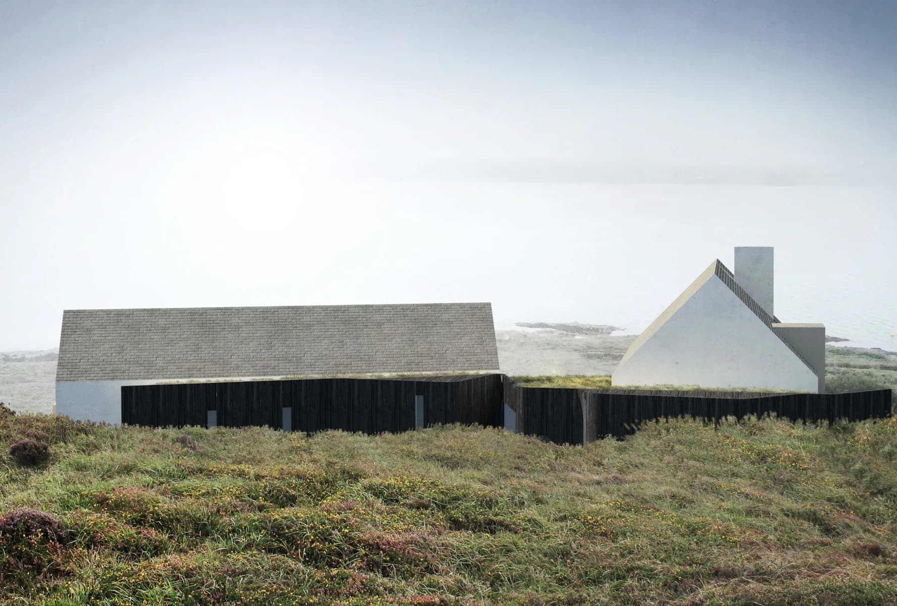 Modern residential buildings with dark timber cladding and grey roofing set in a windswept coastal landscape by Ditte Hesse.