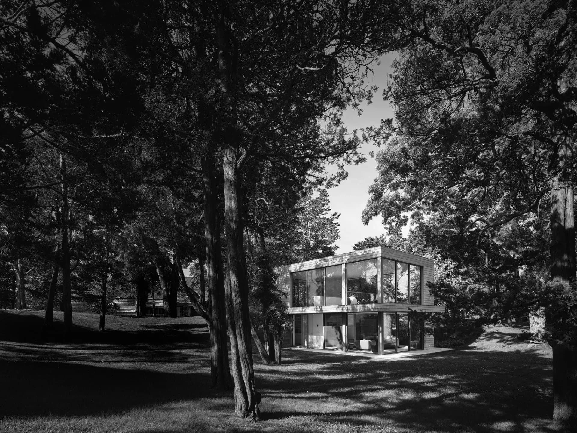 Mid-century modern glass pavilion nestled among tall trees in a park setting, featuring clean lines and transparent walls, photographed in black and white by Eleanor Donnelly.