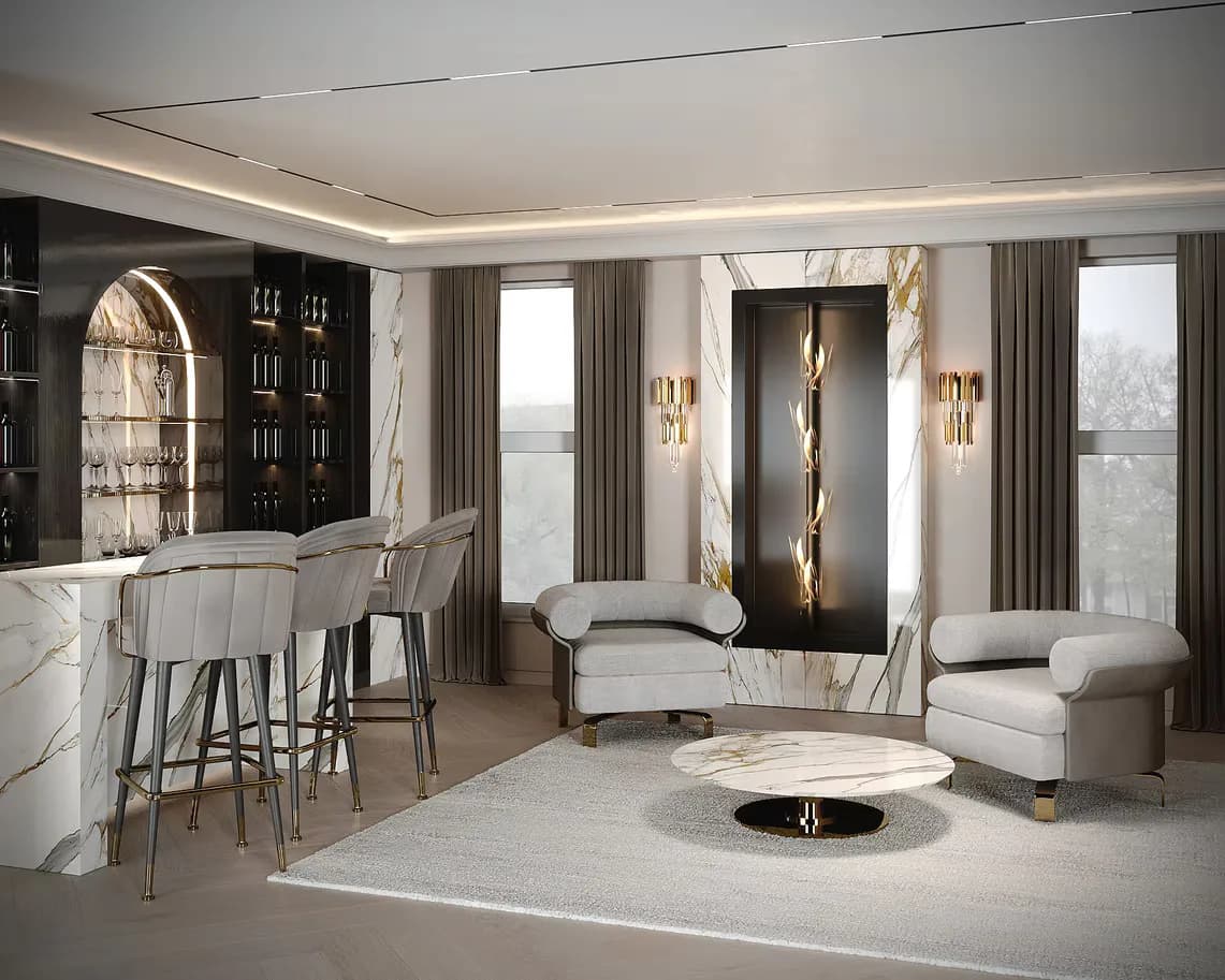 Luxurious modern living space with marble accents, brass lighting fixtures, cream upholstered furniture, dark wood cabinetry, and floor-to-ceiling windows by Elena Nesterova.