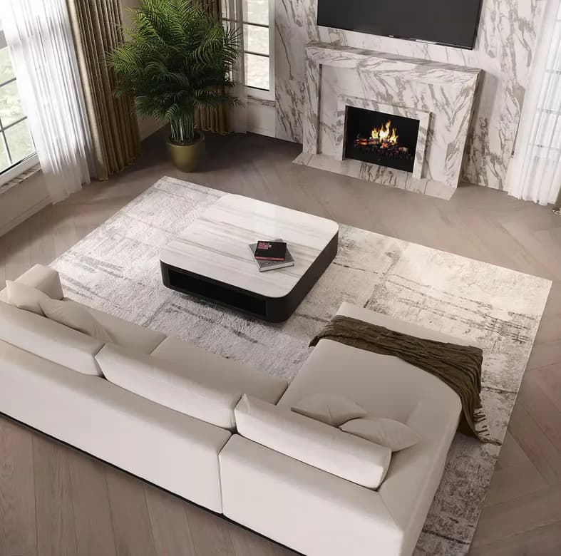 Luxurious modern living room with curved white sectional sofa, marble fireplace with TV, geometric patterned area rug, and floor-to-ceiling windows by Elena Nesterova.