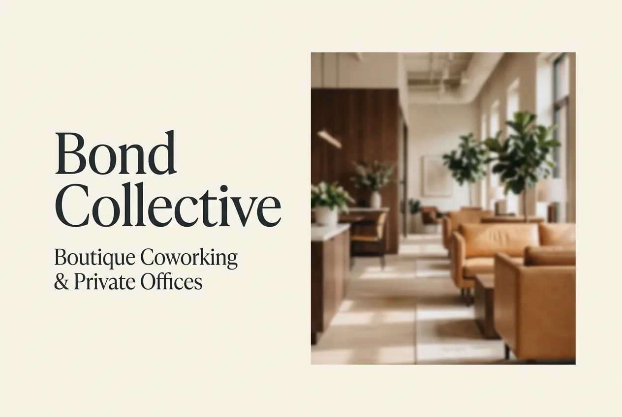 Modern coworking lounge with warm leather seating, natural wood accents, potted plants, and bright natural light, designed by Elide Rathborne.