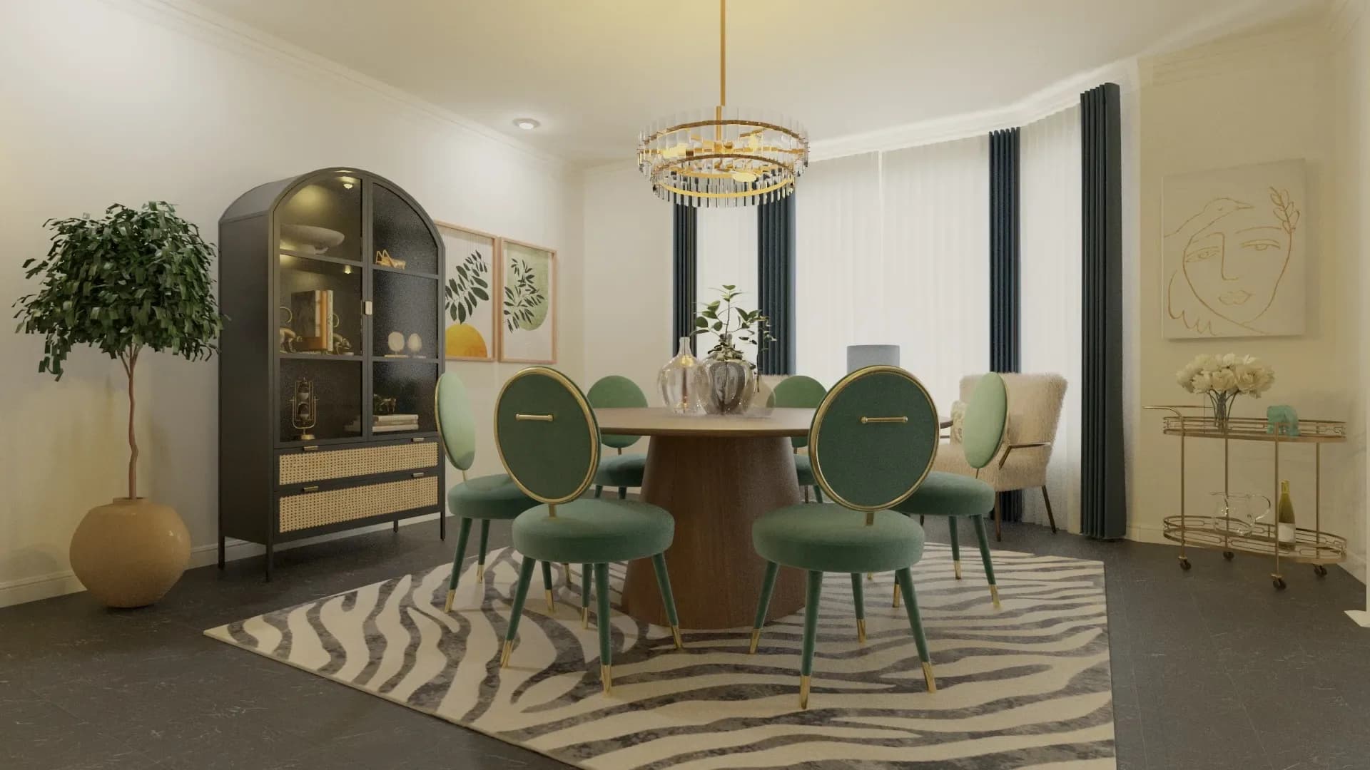 Dining room with round wood table, green velvet chairs, geometric patterned rug, dark glass cabinet, and black curtains in warm neutral tones by Elizabeth Mink Gaudreau.